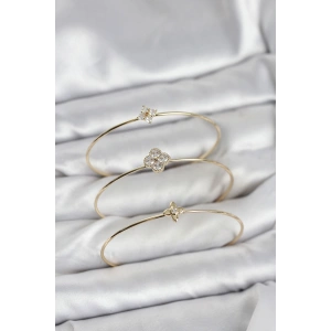 Erb Zirkon Taşlı Gold Renk Yonca Tasarım 3'lü Kadın Bileklik Kombini