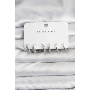 Erb Zirkon Taşlı Gümüş Renk Pirinç Kadın Küpe Seti