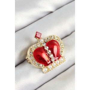 Erb Zirkon Taşlı İnci Detaylı Kırmızı 3D Kraliçe Taç Figürlü Gold Renk Kadın Broş
