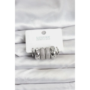 Erb Zirkon Taşlı Pirinç Gümüş Renk Halka Kadın Küpe Seti