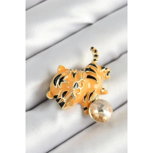 Erb Zirkon Taşlı Siyah Çizgili Turuncu Kaplan Figürlü Gold Renk Kadın Broş