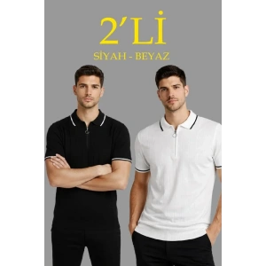 Erkek 2’li Paket Dokuma Triko  Fermuarlı Yakalı Fitilli Kısa Kollu Regular Fit Tişört - Beyaz - Siyah