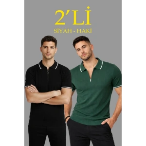 Erkek 2’li Paket Dokuma Triko  Fermuarlı Yakalı Fitilli Kısa Kollu Regular Fit Tişört - Haki - Siyah