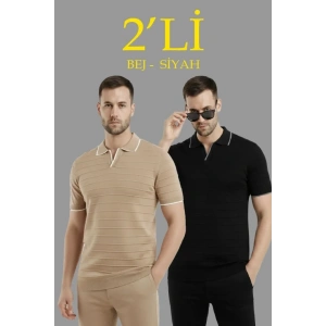 Erkek 2’li Paket Triko Yakalı Düğmesiz Açık Yaka Fitilli Kısa Kollu Regular Fit Tişört - Bej - Siyah