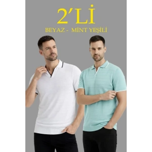Erkek 2’li Paket Triko Yakalı Düğmesiz Açık Yaka Fitilli Kısa Kollu Regular Fit Tişört - Beyaz - Mint Yeşili