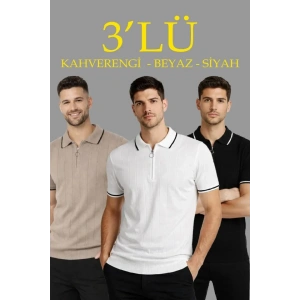 Erkek 3’lü Paket Dokuma Triko  Fermuarlı Yakalı Fitilli Kısa Kollu Regular Fit Tişört - Kahverengi, Beyaz, Siyah
