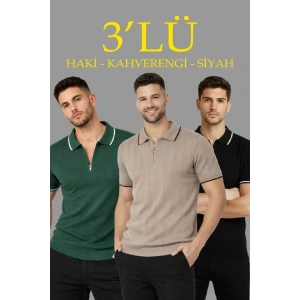 Erkek 3’lü Paket Dokuma Triko  Fermuarlı Yakalı Fitilli Kısa Kollu Regular Fit Tişört - Kahverengi, Haki, Siyah