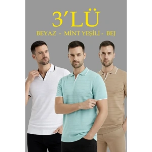 Erkek 3’lü Paket Triko Yakalı Düğmesiz Açık Yaka Fitilli Kısa Kollu Regular Fit Tişört - Bej, Beyaz, Mint Yeşili