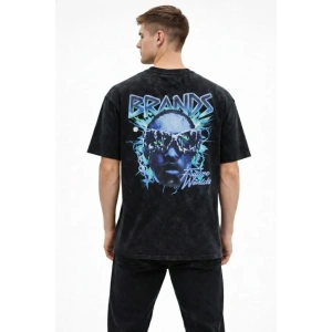 Erkek Asit Yıkamalı Oversize Tişört Future Worlds Baskılı Bisiklet Yaka Kısa Kollu Streetwear %100 Pamuk Street Style T-Shirt - Siyah