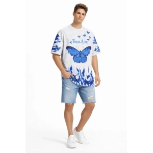 Erkek Asit Yıkamalı Oversize Tişört Mavi Kelebek Baskılı Dijital Print Bisiklet Yaka Streetwear T-Shirt - Beyaz