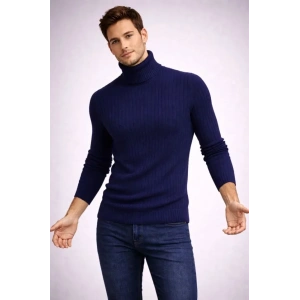 Erkek Balıkcı Yaka Bağazlı Triko Kazak Pamuklu Kalın Fitilli Dokuma, Regular Fit Uzun Kollu Kışlık Model - Lacivert