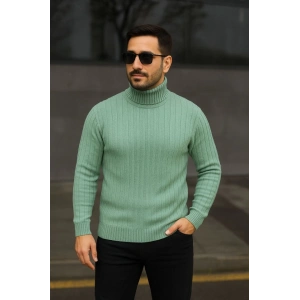 Erkek Balıkcı Yaka Bağazlı Triko Kazak Pamuklu Kalın Fitilli Dokuma, Regular Fit Uzun Kollu Kışlık Model - Mint Yeşili