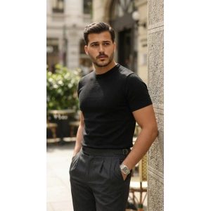 Erkek Basic Bisiklet Yaka Kısa Kollu Triko Tişört - %100 Pamuk Akrilik