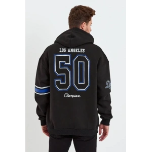 Erkek Baskılı Kapşonlu Üç Iplik Oversize Sweatshirt - Siyah