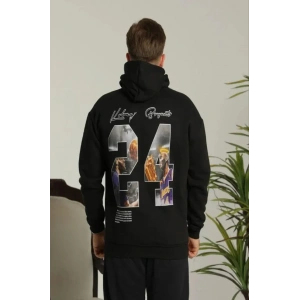 Erkek Baskılı Oversize Üç İplik Kapüşonlu Sweatshirt - Siyah