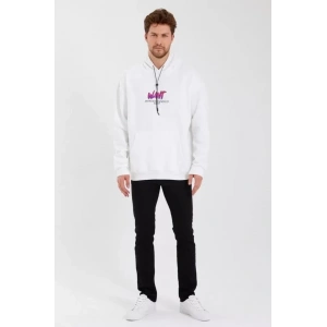 Erkek Baskılı Üç İplik Kapüşonlu Oversize Sweatshirt - Beyaz