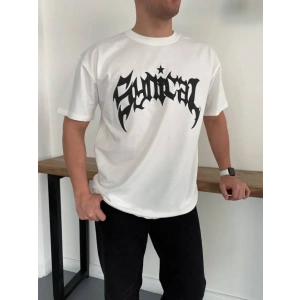 Erkek Bisiklet Yaka Ön Baskılı Kısa Kollu Tişört Streetwear Günlük Basic Pamuklu T-shirt - Beyaz