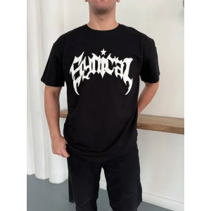 Erkek Bisiklet Yaka Ön Baskılı  Kısa Kollu Tişört Streetwear Günlük Basic Pamuklu T-shirt - Siyah