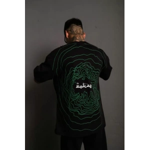 Erkek Bisiklet Yakalı Sırt Baskılı Oversize T-Shirt - Siyah
