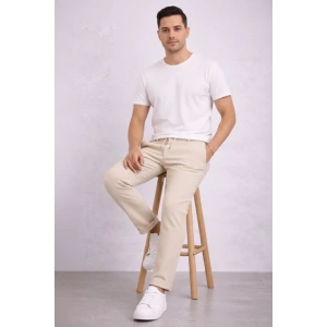 Erkek Diagonel Mikro Dokulu Duble Paça Cepli Pantolon Bağcıklı Bel, Modern Kesim - Krem