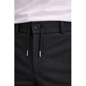 Erkek Diagonel Mikro Dokulu Duble Paça Cepli Pantolon Bağcıklı Bel, Modern Kesim - Siyah