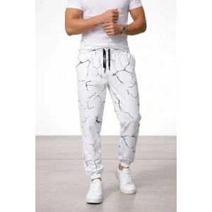 Erkek Dijital Baskılı Eşofman Altı Kışlık Üç İplik Şardonlu Kumaş Lastikli Paça, Cepli, Rahat Kalıp - Beyaz