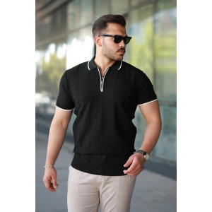 Erkek Dikey Kabartmalı Örgü Dokulu Fermuar Yakalı Tişört