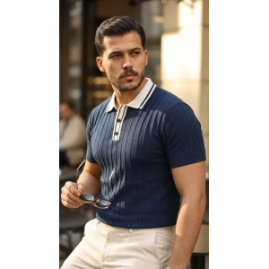 Erkek Düğme Yakalı Kontrast Yaka Triko Tişört