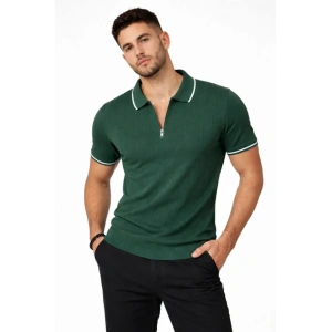 Erkek Fermuarlı Yaka Fitilli Triko Kısa Kollu Regular Fit Tişört T-shirt - Yeşil