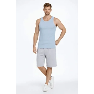 Erkek Fitilli Atlet Sıfır Yaka Slim Fit Arka Baskılı Spor Atlet - Bebe Mavisi