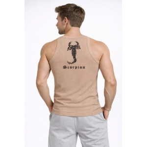 Erkek Fitilli Atlet Sıfır Yaka Slim Fit Arka Baskılı Spor Atlet - Bej