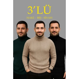 Erkek Fitilli Triko Kazak 3lÜ Set Bej Haki Siyah Regular Balıkcı Yaka Tam Boğazlı Triko Seti Modeli Kazak