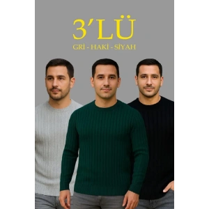 Erkek Fitilli Triko Kazak 3lü Set Gri Haki Siyah Regular Fit Bisiklet Yaka Triko Seti Modeli Kazak