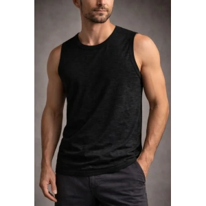 Erkek Flamlı Kumaş Sıfır Kolsuz Atlet Basic Spor Üst, Günlük Ve Fitness Kullanımına Uygun - Siyah