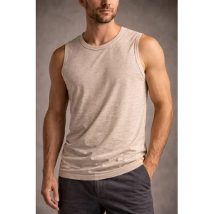 Erkek Flamlı Kumaş Sıfır Kolsuz Atlet Basic Spor Üst, Günlük Ve Fitness Kullanımına Uygun - Taş