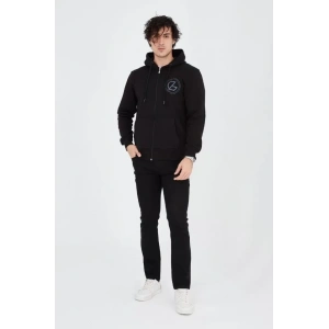 Erkek Kapüşonlu Baskılı Fermuarlı Hırka - Siyah