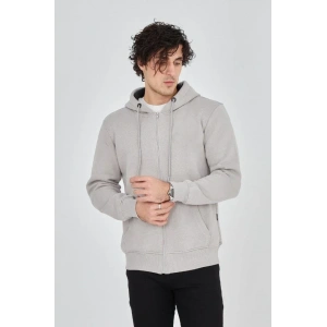 Erkek Kapüşonlu Düz Fermuarlı Hırka - Boyalı Gri