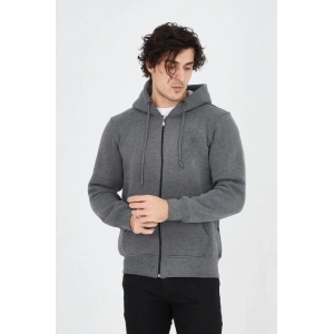 Erkek Kapüşonlu Düz Fermuarlı Hırka - Füme