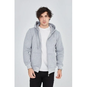 Erkek Kapüşonlu Düz Fermuarlı Hırka - Gri
