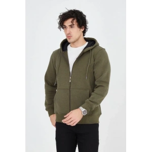 Erkek Kapüşonlu Düz Fermuarlı Hırka - Yeşil