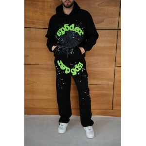 Erkek Kapüşonlu Eşofman Takım Örümcek Ağı Ve Neon Yeşil Baskılı Kanguru Cepli Oversize Rahat Kalıp, Premium Üç İplik Kumaş - Siyah