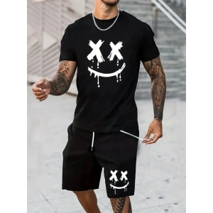 Erkek Kısa Kollu Bisiklet Yaka Baskılı Tişört Ipli Short Iki Iplik Takım