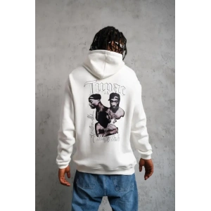 Erkek Kol Ve Etek Ribana Baskılı Kapüşonlu Sweat - Beyaz