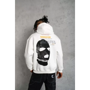 Erkek Kordonlu Maske Baskılı Kapüşonlu Sweat - Beyaz