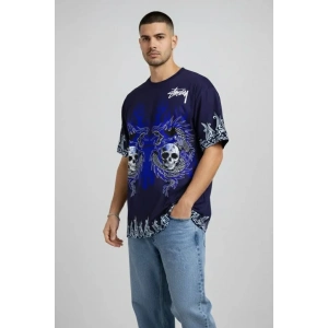 Erkek Lacivert Oversize Tişört Dragon - Kuru Kafa Baskılı Bisiklet Yaka Streetwear T-Shirt - Lacivert