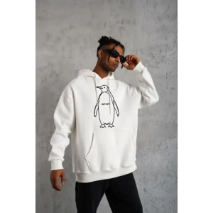 Erkek Nihilist Penguen Özel Tasarım Oversize Kapüşonlu Sweatshirt - Beyaz