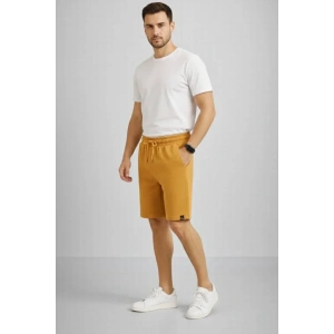 Erkek Otoban Dokuma Şort Beli Lastikli Bağcıklı, Cepli, Rahat Kesim Günlük Yazlık Şort - Hardal