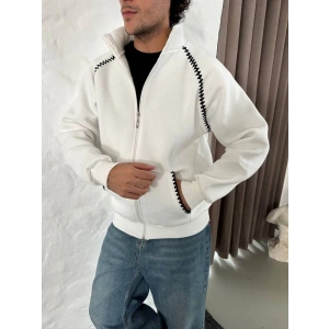 Erkek Oversize Dik Yaka Fermuarlı Sweatshirt - Zincir Nakışli Kanguru Cepli - Beyaz