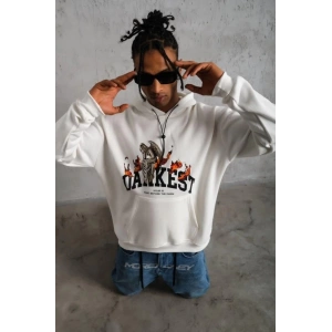 Erkek Oversize Kapüşonlu Sweatshirt – Beyaz Renk Üç İplik İçi Pamuklu Kanguru Cepli Baskılı Hoodie Rahat Kalıp Kışlık Günlük Kombinlere Uygun - Beyaz