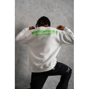 Erkek Oversize Sweatshirt – Beyaz Renk  Ön Ve Sırt Baskılı, Üç İplik İçi Pamuklu Kumaş, Rahat Kalıp, Ribanalı Kışlık Sweat  Winagain Polizei Serisi - Beyaz